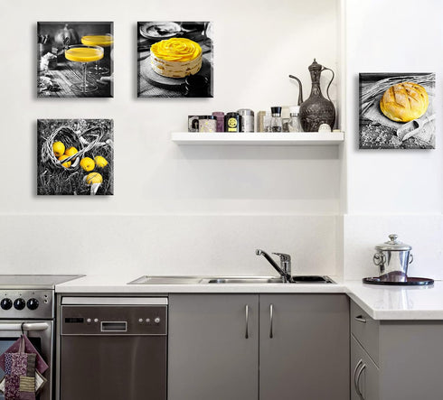 DJSYLIFE Kitchen Wall Decor, Black and White Yellow Canvas Print for Cafe Dining Room Decoration