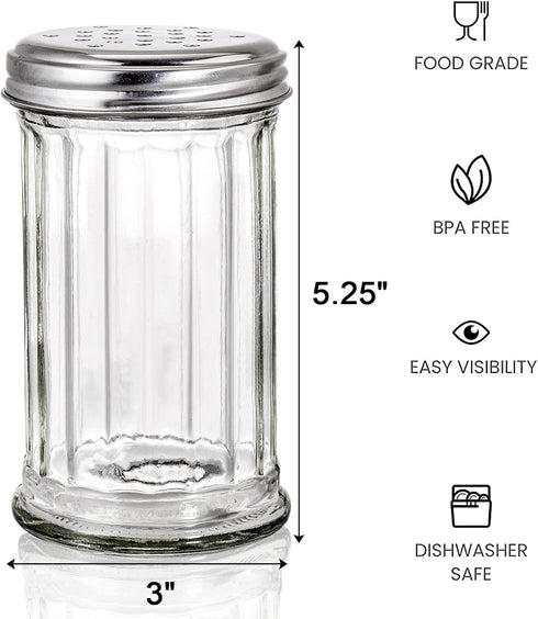 Tebery 6 Pack Glass Retro Cheese Spice Herb Seasoning Shakers with Perforated Stainless Steel Lid, 12Oz Glass Sugar Dispenser/Pourer/Shaker for Wedding, Restaurant, Travel, Camping, Buffet Supplies