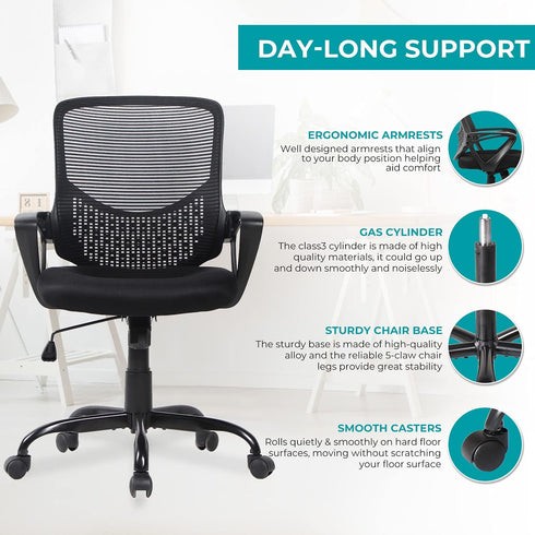 Ergonomic Office Chair, Mid Back Mesh Desk Chair with Lumbar Support, Rolling Swivel Computer Chair