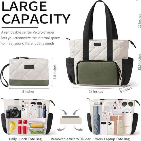 Bagstellar 15.6 Inch Puffer Lunch Tote Bag for Women, Laptop Work Bag with Insulated Lunch Compartment & Large Cup