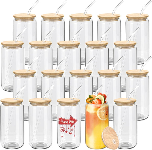 WHEATHUSK 20 Pack Glass Cups with Bamboo Lids and Glass Straws 16oz