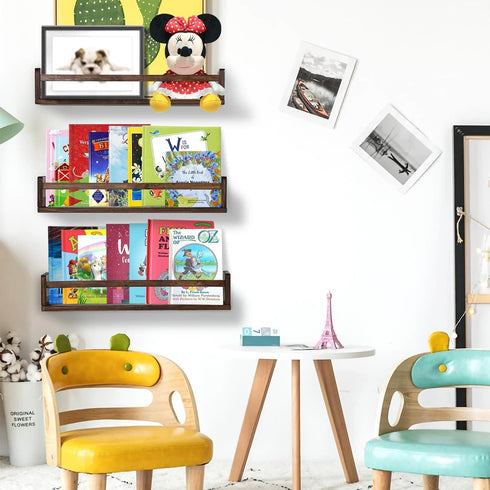 24 Inch Set 3 AZSKY Nursery Book Shelves Deep Walnut Floating Bookshelf for Kids Room Wall Mounted Floating Shelves