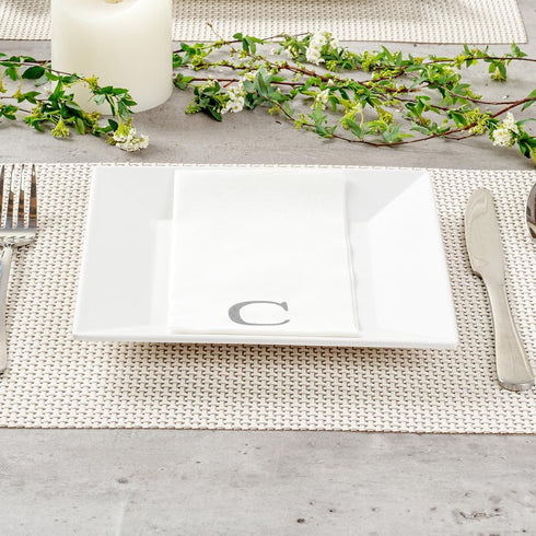 15.8 7.9 Inch 50 Luxenap X Linen-Feel Guest Towels, Lettered Hand Towels - Silver Letter 'C', Sans Serif Font, White