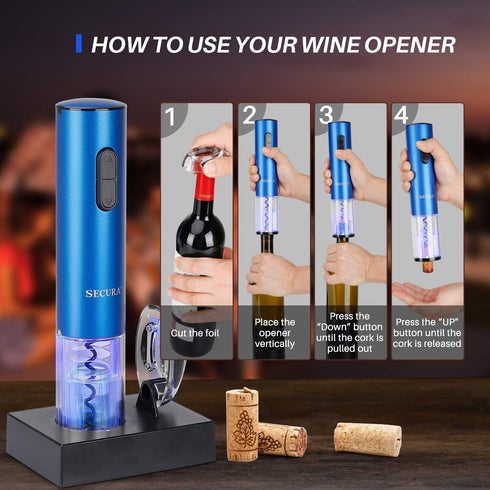 Secura Electric Wine Opener, Automatic Corkscrew with Foil Cutter, Rechargeable (Blue)