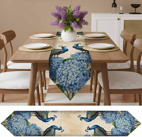 LooPoP 90 Inches Farmhouse Vintage Peacock Table Runner-Cotton Linen-Long Dresser Scarves, Farmhouse Table Runner