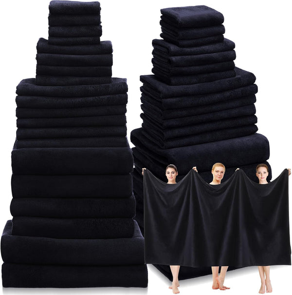 Mixweer 24 Piece Black Microfiber Absorbent Towel Set: 2 Oversized Bath Sheets,