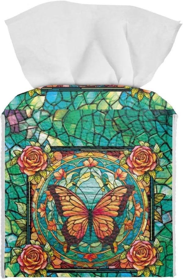 Waterproof Square Butterfly Rose Print Tissue Case Cover, Foldable Kleenex Box for Home Office, Green