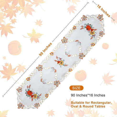 Jovialix 90 Inches Thanksgiving Fall Table Runner Long - Ivory Cutwork Lace with Embroidered Pumpkins & Maple Leaves