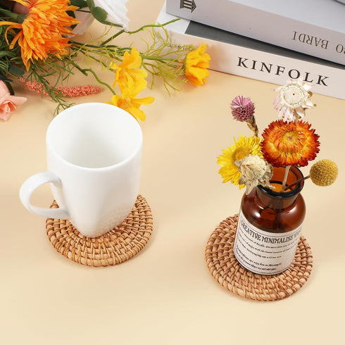 oruola 2pcs Coasters,3.93In Natural Woven Coasters,Rattan Round Wicker Coasters,Boho Coasters Heat-resistant Drink