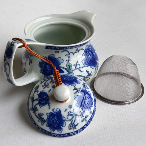 Teapot 15oz Blue White Porcelain China with Stainless Steel Infuser - Dragon and Phoenix (cihu long) - Yxhupot