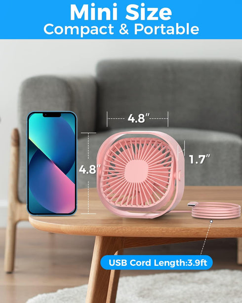 RJVW Small USB Desk Fan,3 Speeds Portable Table Fan, 4 inch Personal Mini Fan,Small Cooling Fan by USB Plug In, 360°Rotatable Desktop Fan for Home Office Bedroom Dorm Indoor Outdoor Summer Gift by RJVW