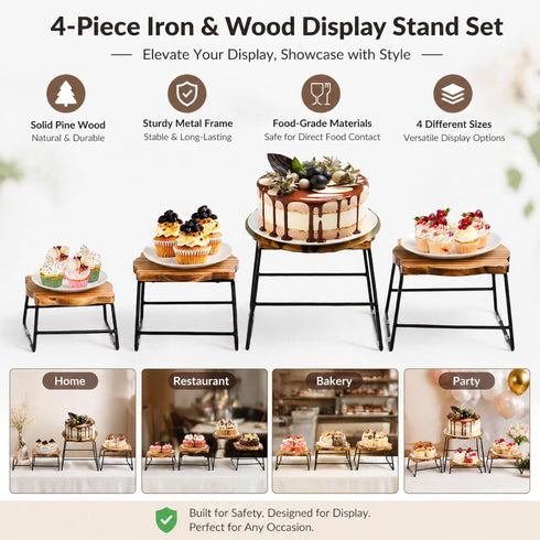 4 ZENFUN Piece Wood Buffet Risers, Dessert Table Risers Food Display Riser, Pizza Pan Riser, Cupcake Stand & Wood