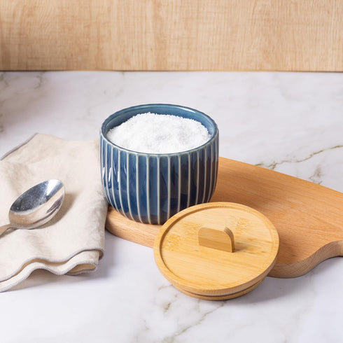 14oz Salt Cellar Keeper with Bamboo Lid, Big Capacity Ceramic Sugar Bowls Pepper Box, Crackle Glaze Seasoning Container