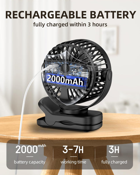 TUNISE Mini Clip on Fan, Battery Operated Desk Fan, Digital Display, 3 Speeds Adjustable, 360° Adjustable, Portable Fan