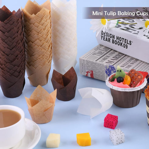 Aodaer 240 Pieces Mini Tulip Baking Cups, Muffin Liners for Wedding, Birthday, Baby Shower, Natural and Brown