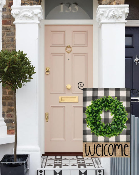 Welcome Summer Garden Flag for Outside - Buffalo Plaid Boxwood Wreath Small Yard Flag, 12x18 Double Sided