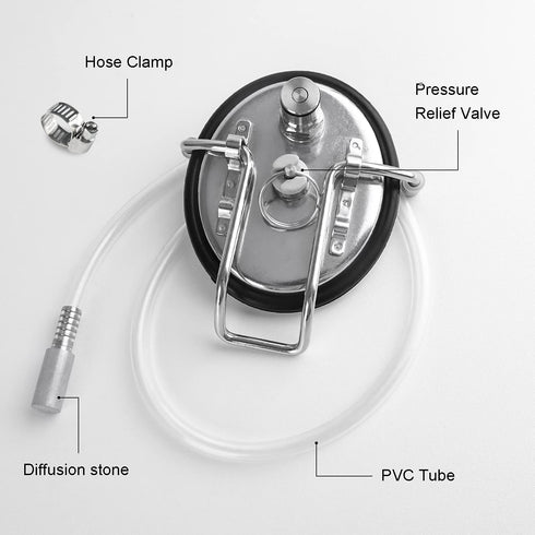 Corny Carbonation Keg Lid, Ball Lock Keg Lid with Diffusion Stone, Pressure Relief Valve, Clamp and Tube for Homebrew