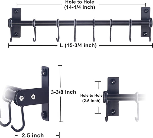Dseap Pot Rack - Pots and Pans Hanging Rack Rail with 8 Hooks, Wall Mounted Kitchen Pot Hangers, Black