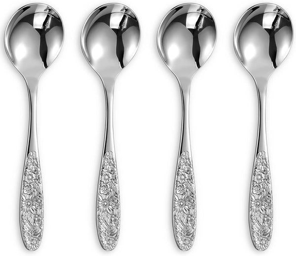 KEAWELL Sunflower Soup Spoon Set of 4, 18/10 Stainless Steel, Silver Visions Bouillon Spoon, Dishwasher Safe, Mirror