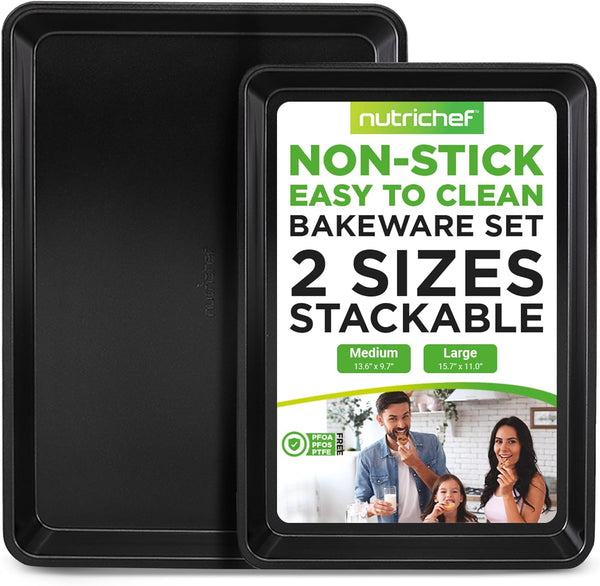 NutriChef Non-Stick Baking Sheet Pan Set, 2-Piece Premium Large & Medium Size Baking Trays, Stackable & Durable, Black