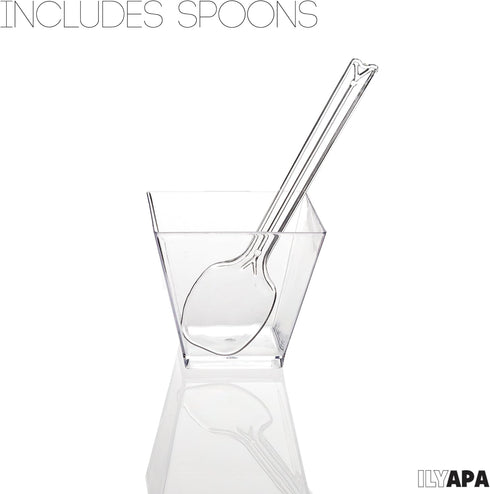 Ilyapa 2oz Clear Plastic Dessert Cups - 50 Pack Mini Appetizer Cups with Spoons for Cheesecake, Chocolate Mousse,