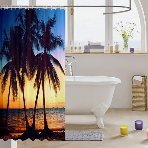 Ocean Beach Shower Curtain 72x84, Tropical Palm Tree Bath Curtain with 12 Pack Hooks, Hawaiian Sunset Decor