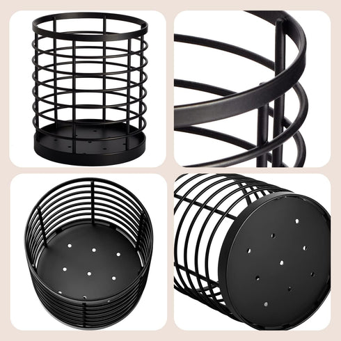 Utensil holder for Kitchen Counter - 5.2" x 5.2" x 6" Large Round Utensils Holder with Wooden Base Matte Black Cooking Utensil Holder,Kitchen countertop Utensil Organizer (Metal)