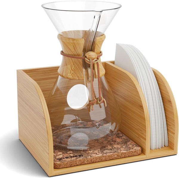 HEXNUB Caddy for Pour Over Coffee Maker, Bamboo Stand for Chemex, Bodum, Cosori Carafes, Heatproof Mat