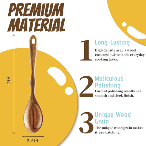 6 Piece Acacia Wood Cooking Spoons Set - Non Stick Wooden Utensils with Slotted Spoon, Salad Fork, Spatula, Pasta Server