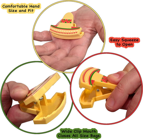 Sombrero Chip Clips, 6 Set Bag Clips for Food Storage, Snack Bag Sealer with Fun Mini Sombrero Hats