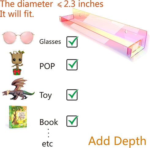 4 Pack 15 Inch Iridescent Acrylic Shelves, Clear Rainbow Floating Shelves for Wall, Modern Sunglasses Essential Oil