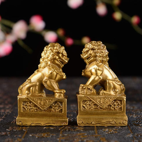 BRABUD 2.8in Fengshui Brass Pair of Fu Foo Dogs Guardian Lion Statues, Housewarming Congratulatory ZD099 Gold