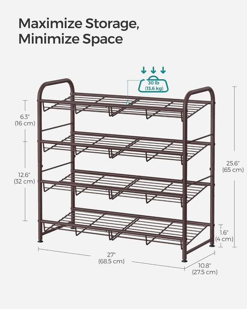 4 16 Closet SONGMICS Stackable Shoe Rack, Tier Metal Shoes Rack Storage Shelf, Holds up to Pairs Shoes, Adjustable