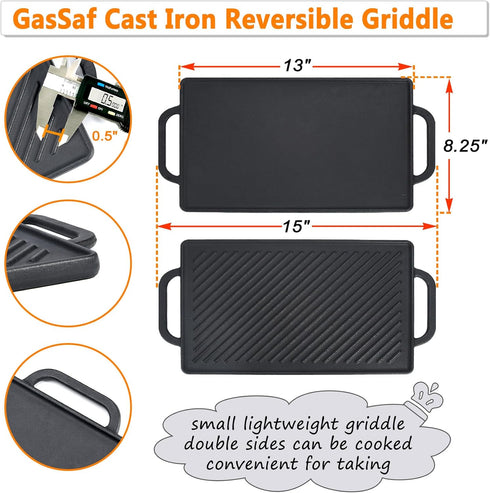 GasSaf Cast Iron Double Sided Griddle, Reversible Grill Pan for Indoor Cooking, 13 x 8.25 Stovetop Griddle