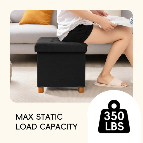 15" 15" 15"Black PINPLUS Storage Ottoman Cube, White Linen Footrest with Wooden Legs, Foldable Fabric Footrest