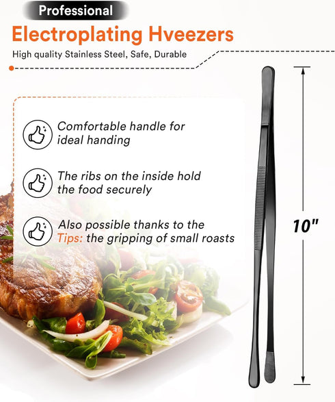Black Stainless Steel Kitchen Tweezers, Round Tip Tweezer Tongs for Cooking with Multi-Function Precision Serrated Tips