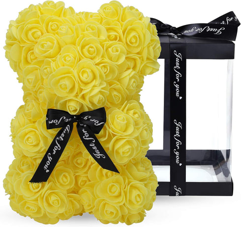 LINKLO 10 inch Rose Bear - Artificial Rose Flower Teddy Bear Gift for Wedding, Mother's Day, Anniversary, Transparent