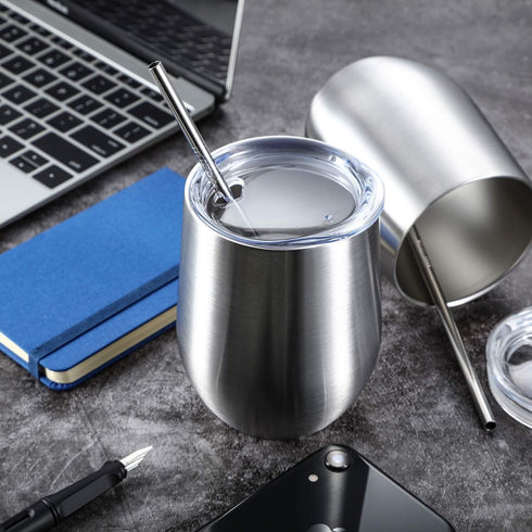 Stainless Steel Double Wall Insulated Wine Glasses with Lid for Coffee, Drinks, Champagne, Cocktails