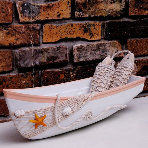 17 Inch White Wooden Boat Tray Decor Decorative Nautical Boat Ornament Decor Wood Boat Tray Decorations Beach Theme