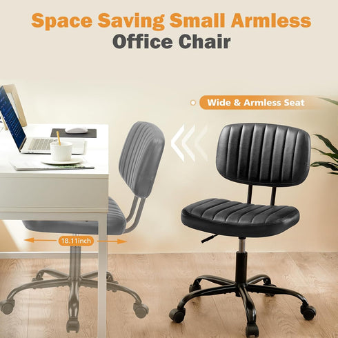 Armless Sweetcrispy Small Office Desk Chair - PU Leather with Comfy Lumbar Support, Height Adjustable Rolling Swivel