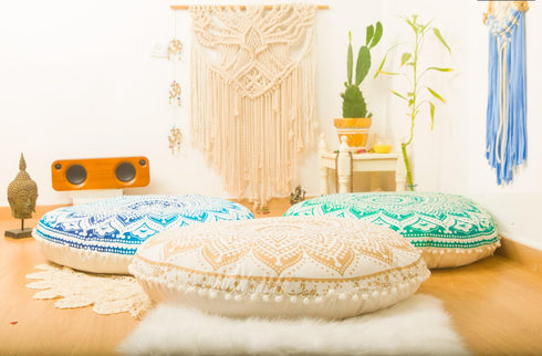 Bohemian Round Floor Cushion Cover for Yoga and Meditation - Handcrafted Organic Cotton Pouf