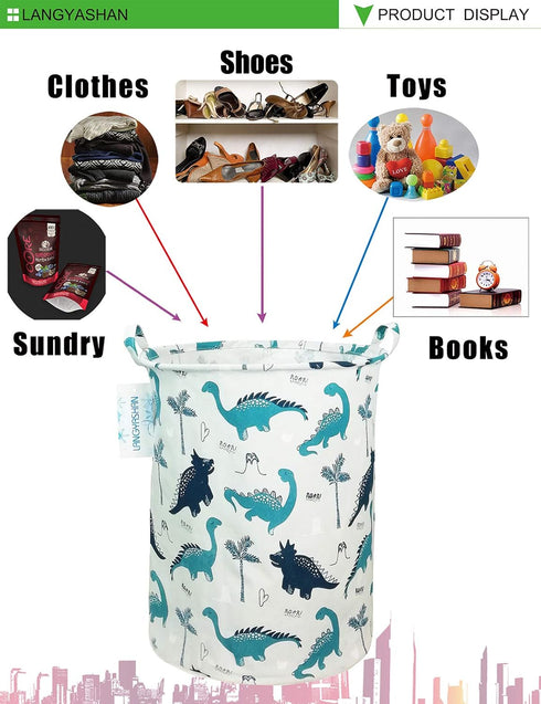 LANGYASHAN Laundry Basket - Canvas Fabric Collapsible Organizer for Storage Bin, Toy Bins, Gift Baskets (Full Dinosaur)