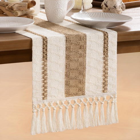 MLMW 48 inches Boho Table Runner Small Coffee Table Runner Rustic Burlap Macrame Jute Woven Table Decor Short Dresser
