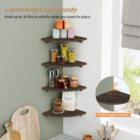 Set 4, Forbena Floating Corner Shelves for Wall of Small Corner Bookshelf for Bedroom Books, Round Wooden Corner Shelf