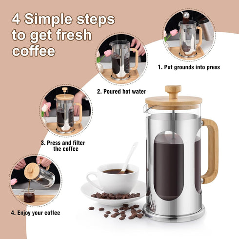34 oz, 8 1000ml Sivaphe No-Plastic French Press Coffee Maker Borosilicate Glass Bamboo Lid and Handle Coffee Tea Press