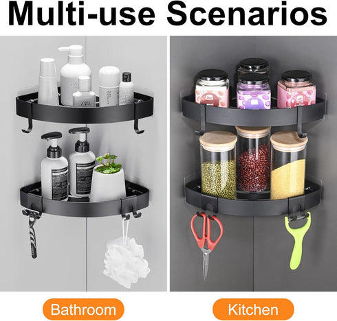 2 Pack DUFU Adhesive Corner Shower Caddy with Hooks,Bathroom Shower Organizer, No Drilling Rust Proof Aluminum Shower