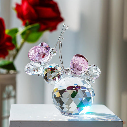 H&D HYALINE & DORA Pink Crystal Cut Double Butterfly Figurine, Handmade Art Glass Collectible Gift, Gift Boxed
