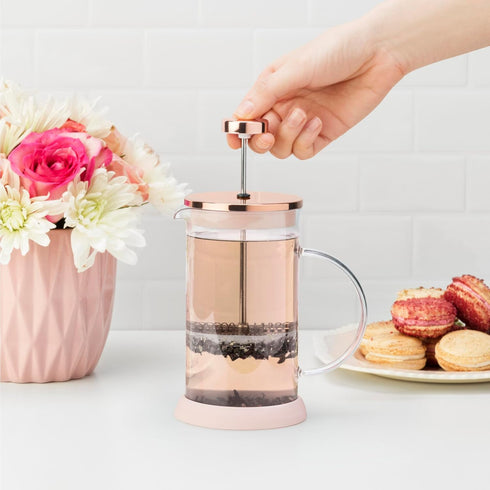 Pinky Up Riley Mini Glass Tea Press Pot, 12 oz Coffee Maker, French Press for Hot or Iced Beverage, Pink