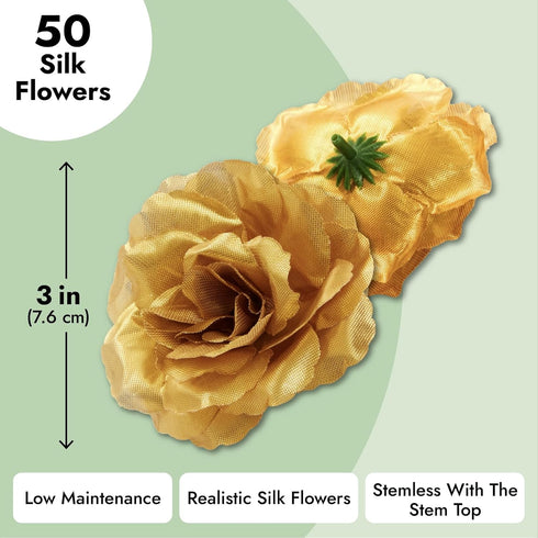 50 Pack Gold Roses Artificial Flowers, 3 Inch Stemless Fake Silk Roses for Wedding Decorations, Faux Bouquets