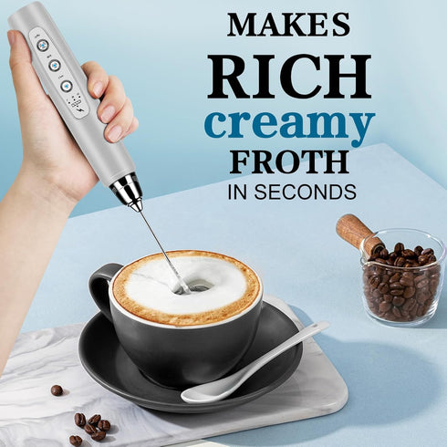 Milk Frother Handheld for Coffee, Electric Whisk 3 Speed Adjustable, Drink Mixer with 3 Stainless Whisks, Rechargeable